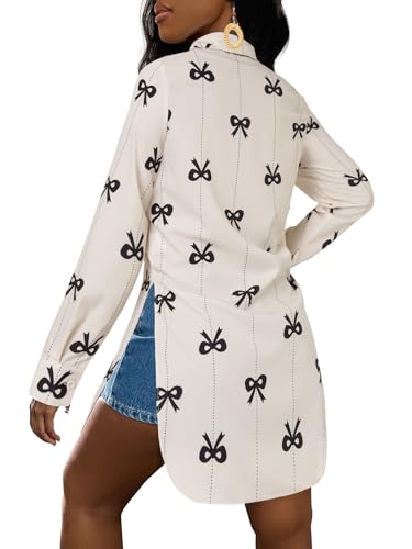 Image of LYANER Women's Collar Neck Long Sleeve Button Down Shirts Sexy Split Hem Tops Long Blouse Shirt Dress