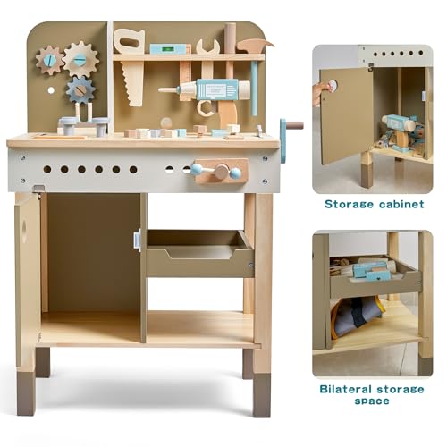 Kids Tool Set,Wooden Tools Bench with Apron Toddler Toy Workbench with Realistic Tools Electric Drill STEM Construction Toy Gifts for Age 3-9 Boys Girls by Toywoo - Image 5