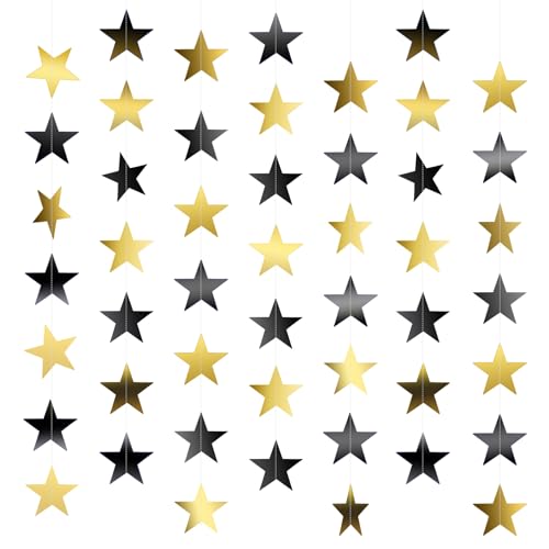 Image of Star Garland, Black Gold Star Garland Banner, 5PCS 66 Feet Double Side Star Hanging Bunting Banner Backdrop Little Star Paper Hanging Decor for Birthday Baby Shower Christmas Party Decorations