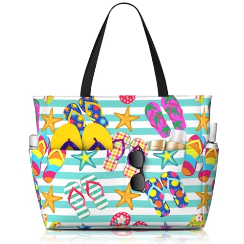 Slippers Beach Totes Pool Bags For Women Colorful Flip Flops Vivid Summer Waterproof Pool Beach Tote Bag Waterproof Sandproof Swim Tote Bags With Zipper Pockets For Women For Holiday Travel Gym by MAHIPOCI - Used condition - US$23.79