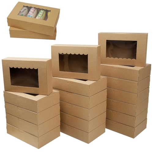 20 Piezas Caja de Reposteria Cartón Kraft, Cajas para Tartas de Papel Kraft Marrón con Ventana, 21,5 x13,5 x 5 cm Caja de Regalo con Ventana Transparente, para Galletas, Pastelería, Tarta