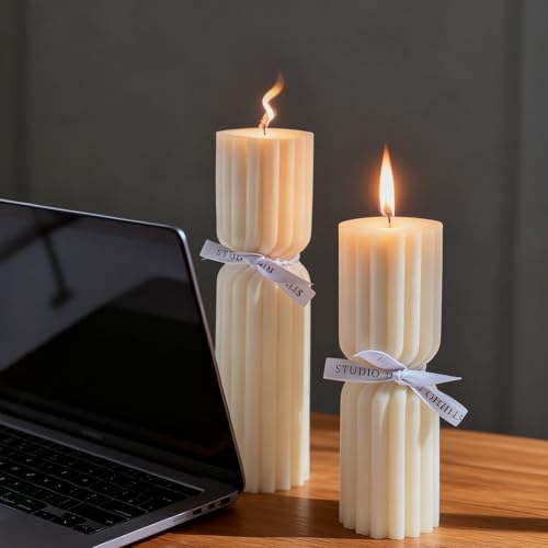 Set of 2 Ribbed Pillar Candles Handmade Soy Wax Scented Ribbed Candles,Hourglass Pillar Candle,Wax Elegant Bubble Natural Aesthetic Candle Housewarming Gift Home Room Shelf Decor Idea(White) - Image 4
