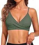 VividHarbor Women's Twist Front V Neck Bikini Top Padded Adjustable Spaghetti Straps Bathing Suit Tops Only Olive Green