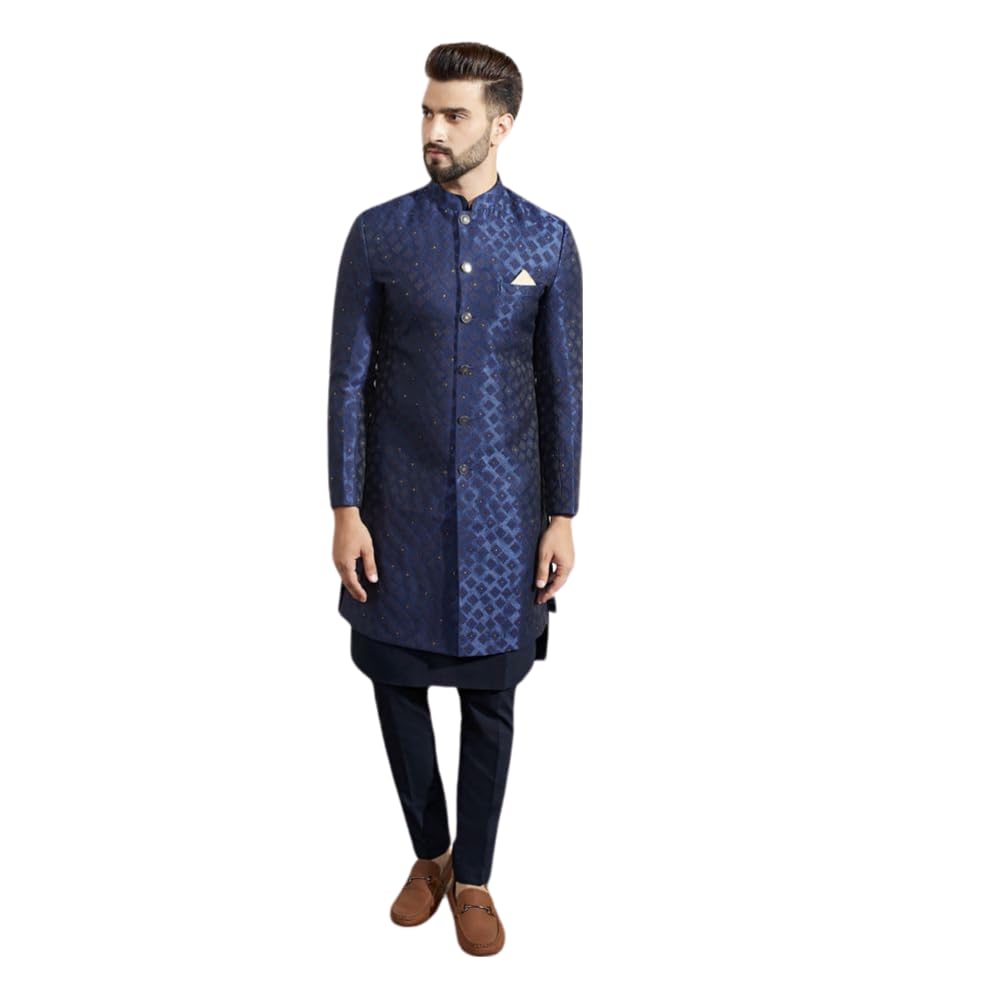 Men's Kurta Indo-Western Sherwani Trouser Set, Blue Silk Blend, Woven Design Regular Fit Mandarin Collar Long Sleeves