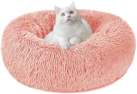 Calming Dog Cat Donut Bed - 19.7in Fluffy Plush Puppy Kitten Cuddler Round Bed, Warm and Soft Pet Cosy Anti Anxiety Beds with Non-Slip Bottom and Washable (M-50CM, Grey)