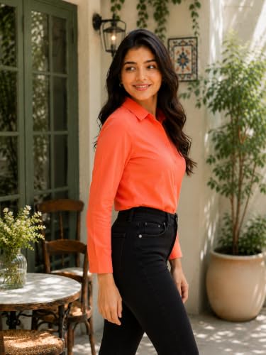Image of FUNDAY FASHION Women Solid Regular Fit V Collered Casual Shirt