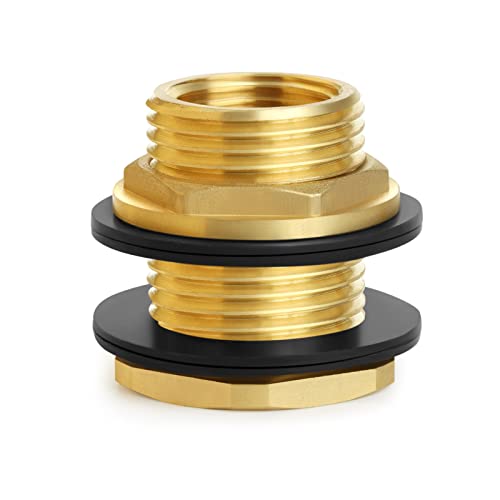 Raccordo per paratia in ottone – 1/2 NPT femmina x 3/4 GHT filettatura maschio diritta connettore serbatoio acqua con 2 anelli in gomma per torre d'acqua serbatoio barili di pioggia