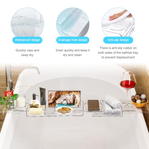 bechoanigel Badewannenablage,Verstellbares Badewannenbrett, Tablett Badewanne Ausziehbar,Badewannentablett für Ipad und Bücher, Badewannen Ablagen,Badewanne Ablagebrett Geschenk für Frauen,Transparent