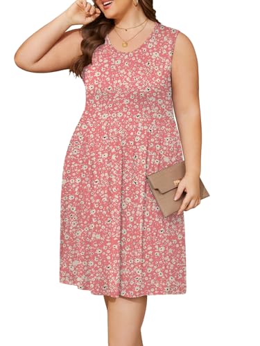 Image of DB MOON Womens 2026 Plus Size Tank Dresses Sleeveless Knee Length Sundress with Pockets XL Pink Floral 02
