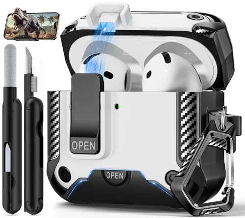 Image of for AirPods 4 Case with Lock & Phone Stand(White) | Automatic Snap Switch Lock,Carbon Fiber Texture Design Cover with Cleaner Kit