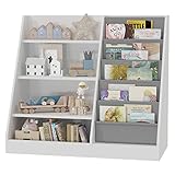 White 4 Tier Kids Wooden Bookshelf, Five Layer Sling Bookcase, Kids Storage Book Rack, Book and Toy Organizer Cabinet, Book Display, for Playroom, Bedroom, Study Living Room, Nursery,Classroom