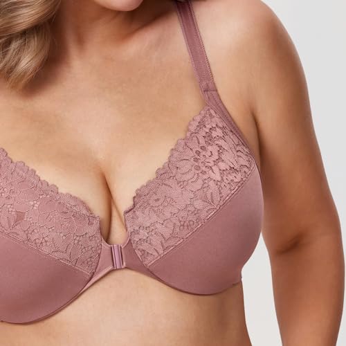 Image of DELIMIRA Women's Front Closure Racerback Bras | Plus Size, Full Coverage, Lace, Underwire, No Padding Unlined