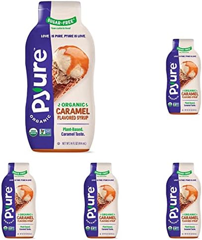 Pyure Organic Caramel Flavored Syrup, Zero Sugar, 1 Net Carb Keto Syrup, Gluten-Free, Organic Plant-Based Sugar Free Caramel Syrup for Vegan Keto Friendly Food, 14 Oz (Pack of 5)