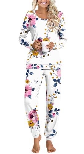 HOTGIFT Womens Pajamas Sets, 2 Piece Lounge Pjs Set Long Sleeve Long Pant Ladies Sleepwear with Pockets Fl Pink White Medium