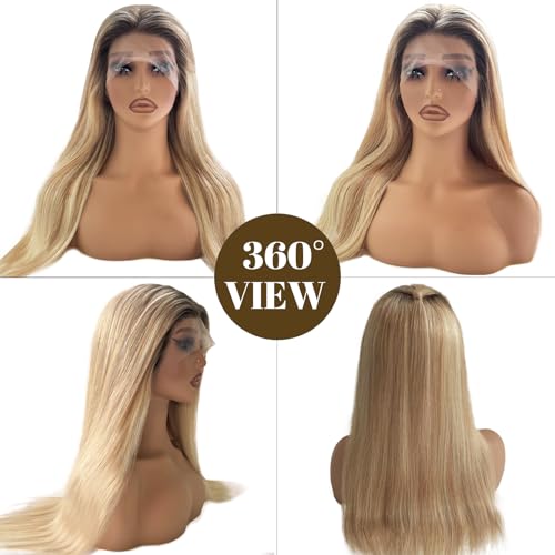 Image of Belaved Highlights Ash Brown Lace Front Wigs Human Hair No Synthetic HD Frontal Real Human Hair Dark Brown Roots Pre Plucked Glueless 180% Density Seamless 13x4 Straight for Women 22 Inch