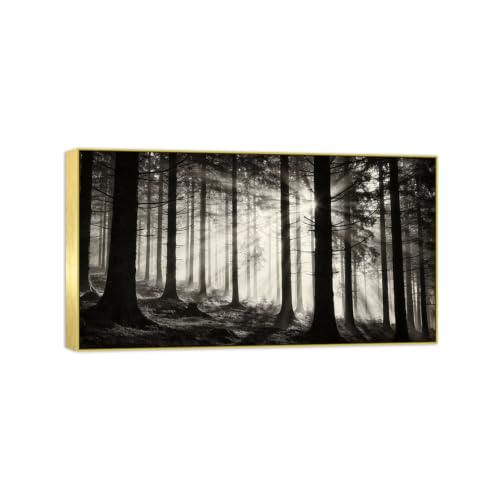Tableau décoration murale paysage arbre soleil noir et blanc cadre doré de qualité