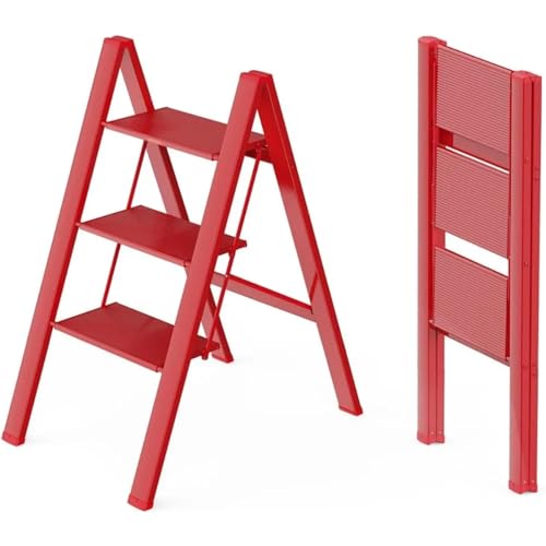 LVSEWOA Escalera telescópica de 3 peldaños, Plegable con Pedal Antideslizante, Ligera y portátil, Taburete de Aluminio para el hogar, Escalera Plegable para Cocina (roja)