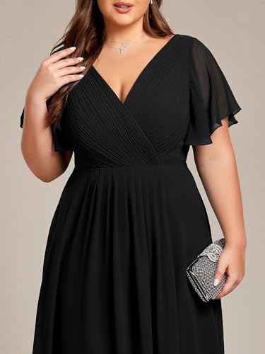 Image of Ever-Pretty Plus Summer Short Sleeves V-Neck Formal Wedding Guest Dresses for Curvy Women Chiffon Midi Cocktail Party Dress