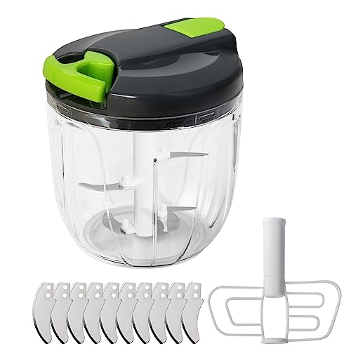 CYLBAQ Zwiebelschneider Manuell 900ml,Gemüse Zwiebel Zerkleinerer mit seilzug, Gemüseschneider Manuell mit 10 Edelstahlklingen und 1 Mixer, Multizerkleinerer Onion Chopper