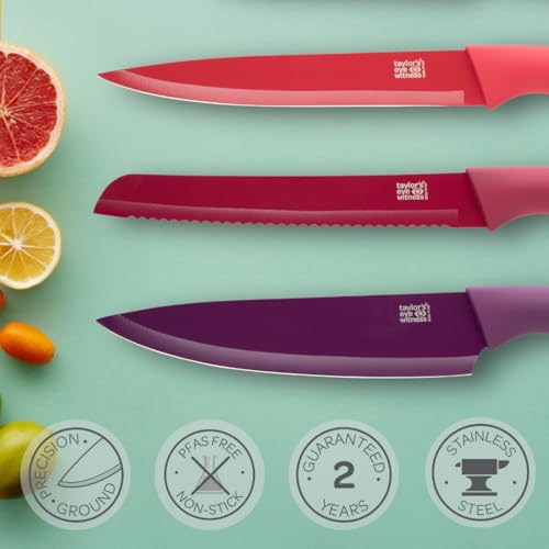 Taylors Eye Witness 5pc Coloured Kitchen Knife Set - Easy Clean, Non Stick Precision Ground Blades. Yellow Paring, Orange All-Purpose, Purple Chefs, Maroon Serrated Bread & Red Carving Knife