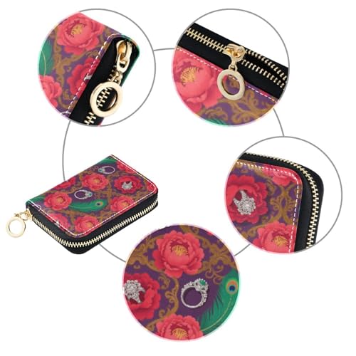 Women's Red Flowers Floral Peacock Feather Credit Card Holder Wallet Leather Zipper Card Case for Ladies Girls 203005784