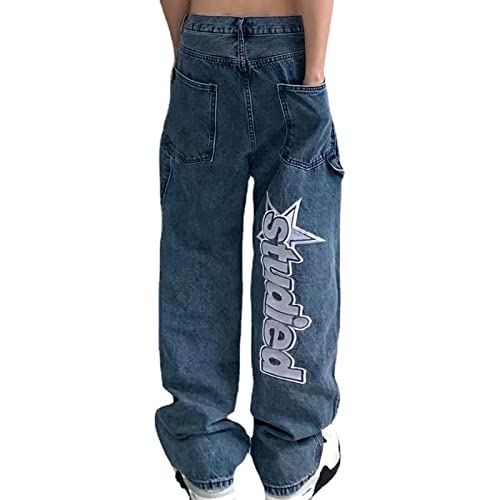 Firulab Baggy Jeans for Men | Casual Cargo Jeans for Men | Y2K Washed Oversize Straight Leg, Carpenter Jean for School Travel Vacation Street Races Blue