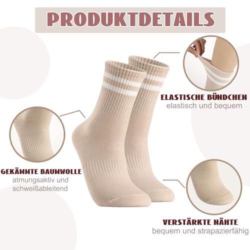 Utensilsto 6 Paar Socken Damen 39-42 Tennissocken Baumwollsocken Sportsocken Damen Socken mit Streifen Motiv Strümpfe Crew Socks für Tennis Lauf Sport Alltag Freizeit weiß,schwarz, braun, grau, beige
