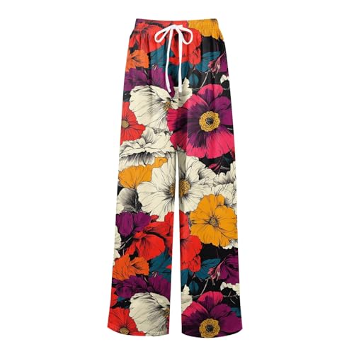 Palazzo Pants for Women, Womens Wide Leg Pant Boho Floral Print Beach Vacation Waist Adjustable Elastic Trousers4