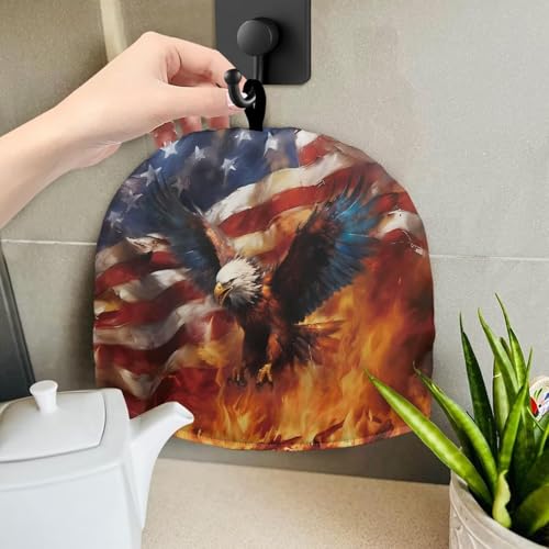 Image of Tea Cosy Tea Pot Cozies Cover Insulating Keep Warm Teapot Dust Cover Gift for Holiday Home Party Decor July 4th Patriotic American Flag Eagle Flame Print