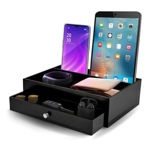Valet Drawer Charging Station – Wooden Black Nightstand Organizer Wallet And Key Tray Holds Watches, Jewelry, Tablet - 5 Compartment Cell Phone Holder for Men And Women