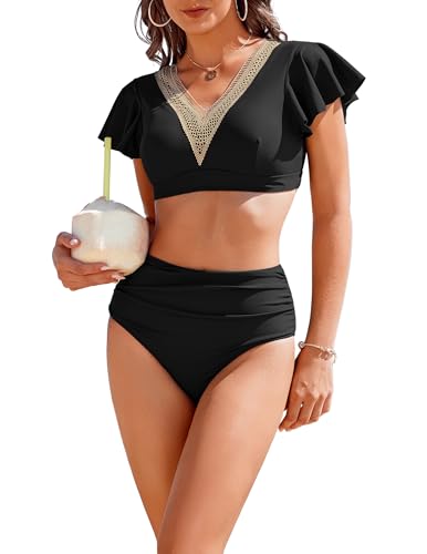 AI'MAGE High Waisted Bathing Suit for Women Tummy Control Women's Bikini Set Ruffle V Neck Two Piece Swimsuit 2025