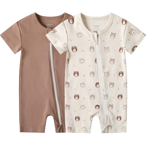 Owlivia Baby Short-Sleeve Summer Romper Set, 2-Pack Tank Romper Jumpsuit for Girls and Boys, Cartoon One-Piece Coverall Outfit(18-24 Months, Brown & Mini Bear)