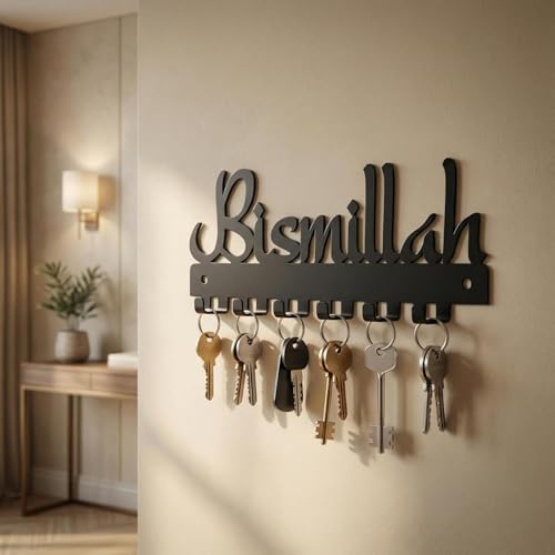 Image of Rectangular Base with Calligraphy Top Design Wall Hanging | 1.2 mm Thick Mild Steel | Decorative Entrance Key Stand | Home & Office Wall Decor | Black