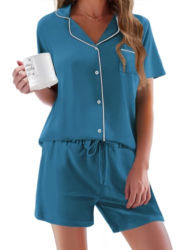 Image of Ekouaer Pajamas Set for Women Short Sleeve Sleepwear Button Down Pjs Soft 2 Piece Lounge Sets XS-XXXL