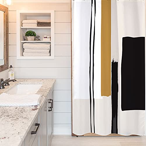 Yookeb Stall Abstract Geometric Bathroom Shower Curtain 36W By 71H Inch Small Half Neutral Black Painting Minimalist Modern Tan Polyester Fabric 7 Plastic Hooks Decor #TOP2