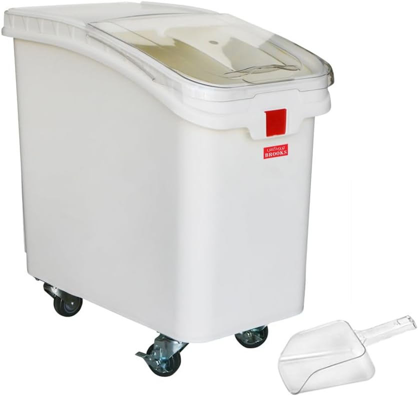 BROOKS White Ingredient Storage Bin, capacity 102 Ltr. Shelf Ingredient Bin on Wheels with Sliding Lid and Scoop for Kitchen