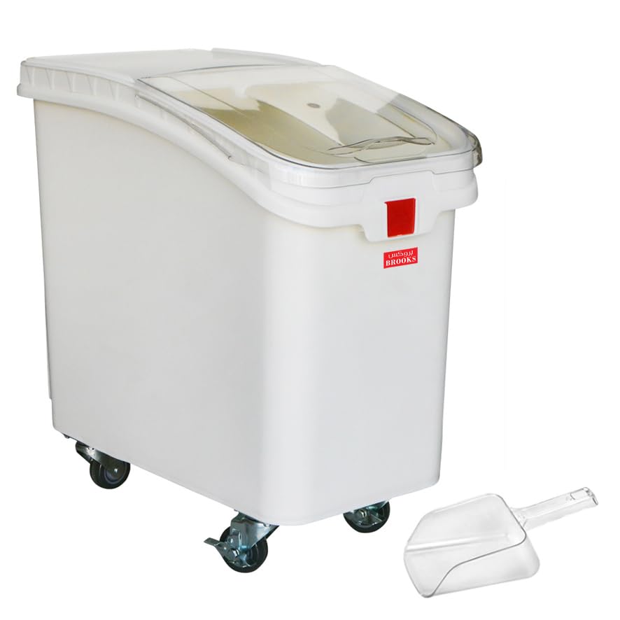 BROOKS White Ingredient Storage Bin, capacity 102 Ltr. Shelf Ingredient Bin on Wheels with Sliding Lid and Scoop for Kitchen