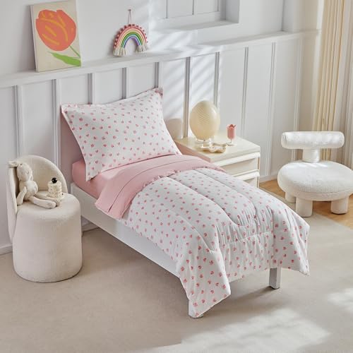 Image of DuShow Toddler Bedding Set for Girls,4 Piece Bed-in-a-Bag Toddler Comforter Sets,Pink Heart Crib Bedding Sheets Set,Include Quilt Comforter,Flat Sheet,Fitted Sheet,Pillowcase