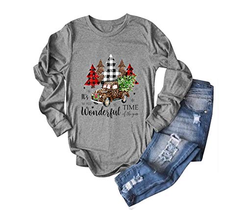 Its The Most Wonderful Time of The Year Christmas T Shirt Women Buffalo Plaid Top Leopard Car Printed Long Sleeve Tee Tops Grey