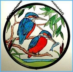 Decorative Hand Printed Stained Glass Window Sun Catcher/Roundel in a Kingfishers Design.