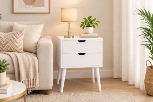 Image of Brown Art SHOPPEE 2-Drawer End Side Table with Drawer and Solid Wood Legs, Bedside Table for Bedrooms, Mid-Century Modern Drawer Storage Cabinet for Bedroom & Furniture (Full White)