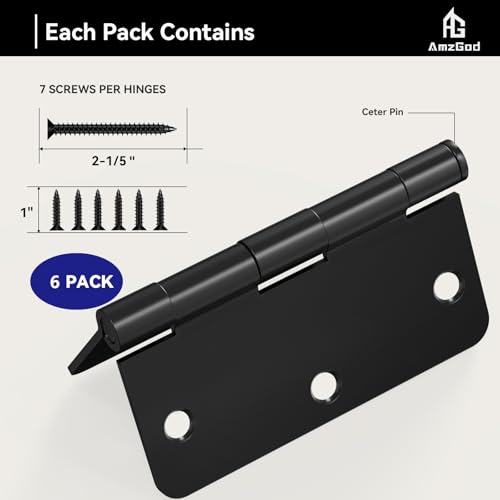AmzGod Door Hinges Matte Black - 6 Pack Black Door Hinges 3.5 Inch Rounded Interior Door Hinge with 1/4" Radius Corners - Black Hinges for Doors 3 1/2 Inches Flat Iron Residential Door Hardware by AmzGod - Image 4