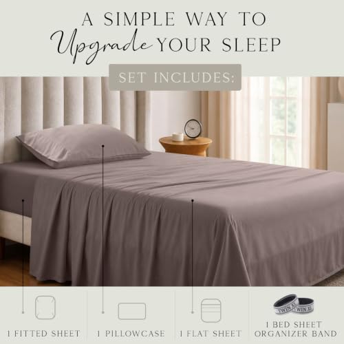 Image of KARISSA MAE Luxury Bamboo Viscose Twin XL Size Sheet Set | FSC Certified | Cooling | Ultra Soft | 18 inch Deep Pockets | Elastic Corner Straps | Includes Organizer Band [Mocha]