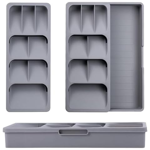 Silverware Drawer Organizer with Expandable Cutlery Tray for Kitchen, Plastic Cutlery Storage for Kitchen Drawer,Adjustable Flatware and Utensil Holder, Compact Plastic Storage for Spoons Forks Knives Cover