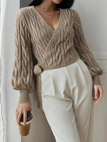 Image of ZAFUL Women's V Neck Sweater Lantern Long Sleeve Pullover Cable Knit Cross Crop Top Casual Tie Wrap Tunic Jumper Blouses