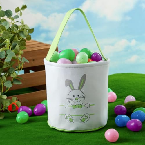 Image of Easter Bucket, Canvas Easter Bunny Basket, Bunny Face Print Basket, Bucket with Handle for Egg Hunts, Party Gifts (Green)