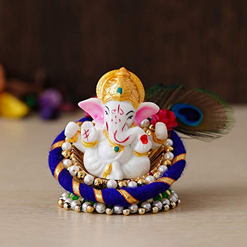 eCraftIndia Resin Lord Ganesha Idol On Peacock Feather Decorative Plate| Ganesha Idol for Home Decor Car Dashboard| Ganesha Statue| Ganpati Murti Gift for Diwali Ganesh Chaturthi Housewarming Birthday