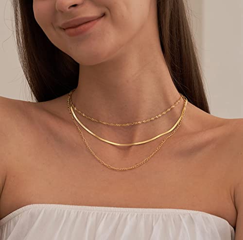 Necocy Dainty Layered 14K Gold Plated Layering Wave Herringbone Figaro Chain Aesthetic Simple Gold Choker Necklace Set Gold Jewelry Gifts For Women #TOP3