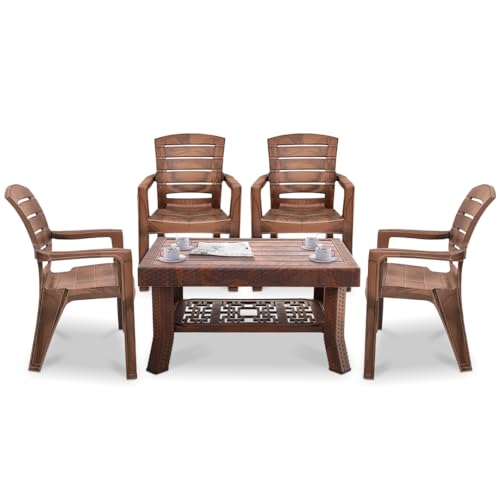 Image of MAHARAJA Premium Plastic Furniture Set | Comfortable Chairs with Matching Table | Perfect for Home, Office & Garden Use (Teakwood, 4 Chair+1 Table)