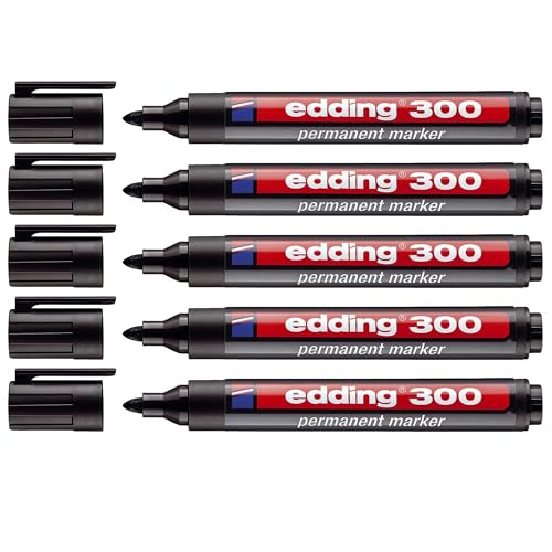 edding 300 rotuladores permanentes Industry – Punta redonda – Etiquetado de cartón, metal, goma y cristal, negro (1,5-3 mm, 5 unidades) 100263